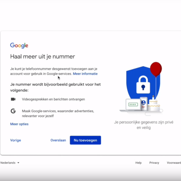 Google account telefoonnummer beveiliging