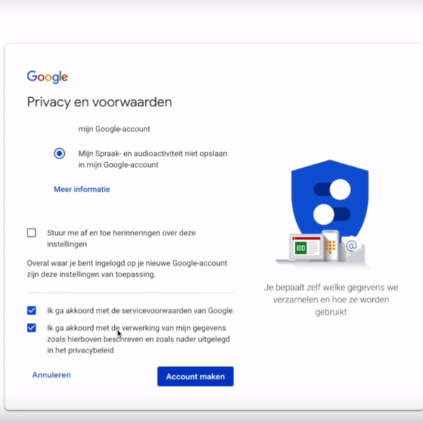 bevestig Privacy & Voorwaarden Google